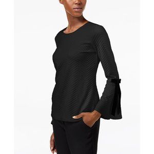 CeCe Black Textured Bell-Sleeve Top with Tie Detail